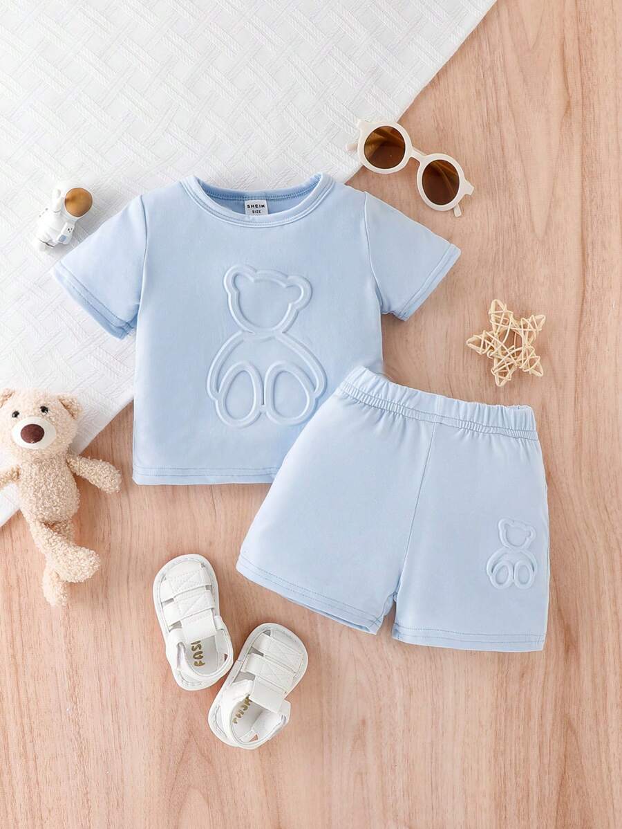 Đứa bé trai Gấu Dập nổi Ngắn tay Áo thun Và Bộ quần short - Màu xanh lam - Xem 1