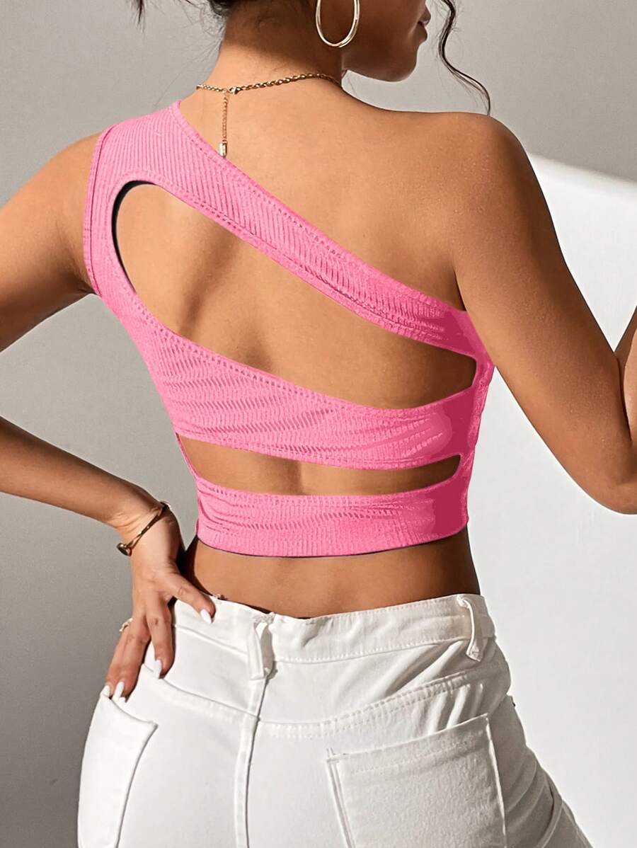 Allurite Women's One Shoulder Hollow Out Back Crop Top - Pink - View 1