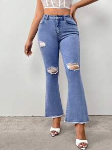 SHEIN SXY 女士磨損喇叭牛仔褲 - 淺色水洗藍 - 查看 4