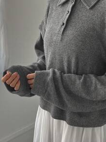 FRIFUL 女士下垂肩長袖短襯衫領運動衫 - 淺灰色 - 查看 5