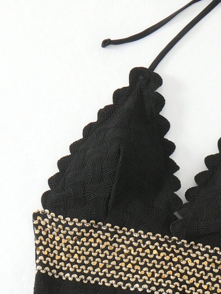 Summer Women'S Splice Woven Strap Halter One-Piece Swimsuit