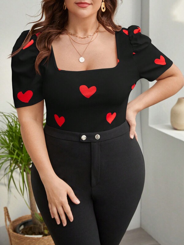 SHEIN Privé Plus Size Heart Print Square Neck Puff Sleeve T-Shirt, Summer