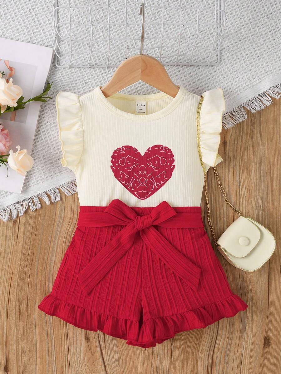 SHEIN Top De Corazón Y Letra Para Niñas Jóvenes Y Shorts De Color Sólido 2 Piezas/set - Rojo - Ver 1