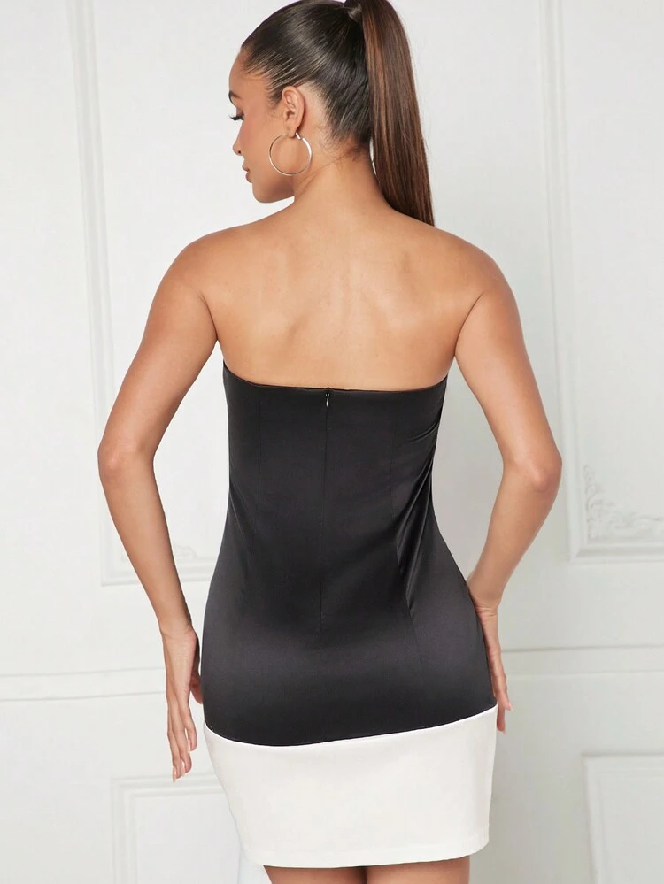 Exaggerated Bow Colorblock Tube Dress