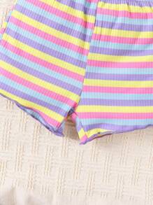 SHEIN Vintaside Kids Baby Girls' Colorful Striped Short Sleeve T-Shirt And Shorts Set