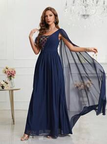 Sequin & Faux Fur Splice Cape Sleeve Chiffon Party Dress - Navy Blue - View 3