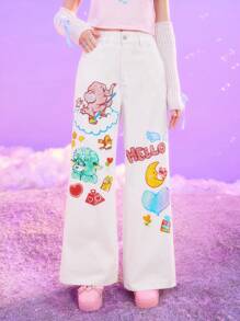 ROMWE X Care Bears Cartoon Bear Print Wide Leg Jeans - White - View 3