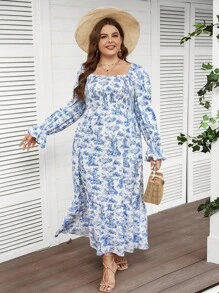 Mulvari Plus Size Women's Floral Printed Dress With Ruffled Hem - Multicolor - View 8