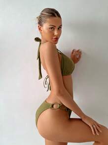 SHEIN Swim Bộ bikini dây buộc cổ dành cho nữ đi biển mùa hè Chi tiết Cutout Monokini Bikini - Màu xanh Ô liu - Xem 4