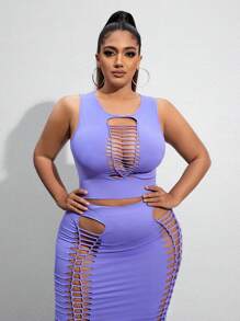 SHEIN SXY Ropa De Primavera Y Verano Sexy De Talla Grande Sin Costuras. Conjunto Tanque Recortado Con Detalles Recortados Y Falda De Cintura Alta