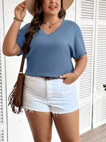 SHEIN LUNE Plus Size Women's Solid Color V-Neck Short Sleeve T-Shirt