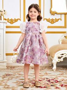 SHEIN Lässiges Rundhals-kleid Für Junge Mädchen Mit Durchsichtigen Ärmeln, Großer Schleifendekoration Und Jacquard-muster - Violett - Übersicht 5