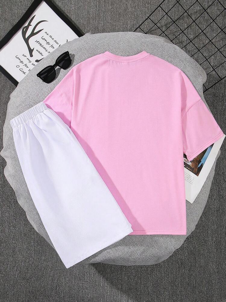 2pcs/Set Tween Boys' Casual Loose Fit Knit Short Sleeve Tee With Pockets & Mesh Shorts With Embroidered Patch