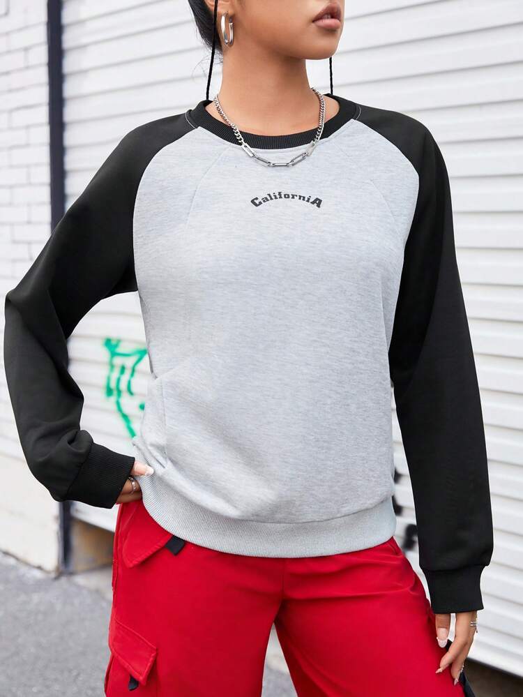 Letter Print Color-Block Raglan Long Sleeve Sports Sweatshirt
