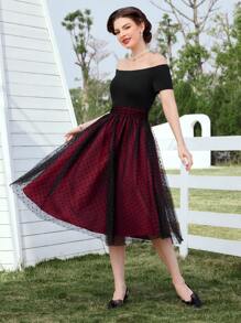 Vintamour Women's Off Shoulder Short Sleeve Polka Dot Mesh Overlay Hem Dress - Burgundy - View 6