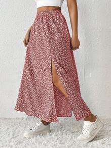 SHEIN PETITE 女款高開衩花卉印花半身裙 - 粉色 - 查看 4