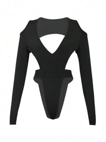 SHEIN SXY Women's Solid Color Hollow Out Backless Bodysuit