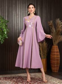 Modelyn Women's Gold Ribbon Patchwork Flare Sleeve Dress - Mauve Purple - View 8