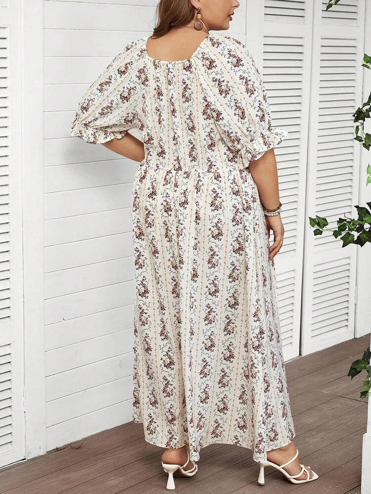 Plus Size Floral Print Ruffle Sleeve Dress