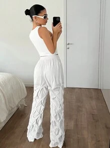 SHEIN ICON Solid Drawstring Waist Pleated Pockets White Cargo Pants - White - View 5