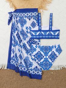 SHEIN Tween Girls' Floral Printed Bikini Swimwear Set - White - View 2