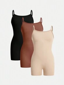 SHEIN Girlism 3入組適用於青少年女孩的運動風清爽針織純色連體褲，細肩帶設計適用於春夏 - 彩色 - 查看 1