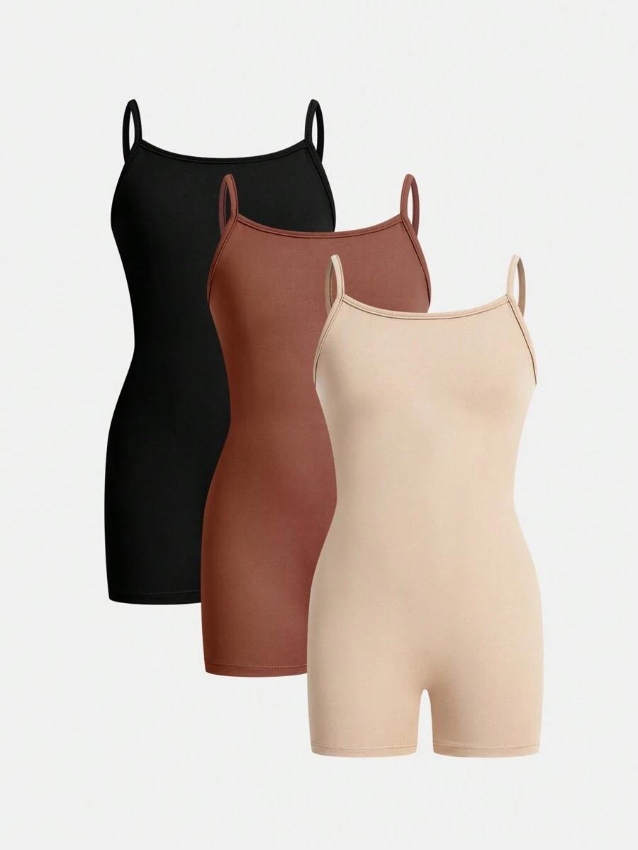 SHEIN Girlism 3入組適用於青少年女孩的運動風清爽針織純色連體褲，細肩帶設計適用於春夏 - 彩色 - 查看 1