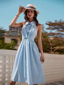 GENKIRA 純色正面扭褶無袖掛脖連身裙 - 藍色 - 查看 1