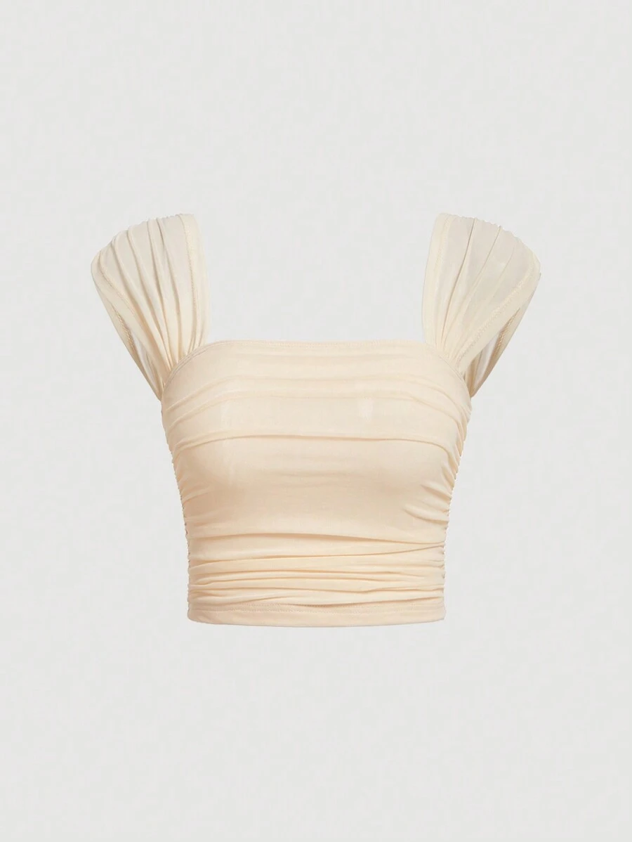 SHEIN MOD 纯色褶皱方领吊带背心 - 杏色 - 查看 1