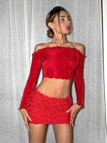 SHEIN ICON 低腰 3d 花卉装饰 Y2k 红色半身裙 - 紅色 - 查看 6