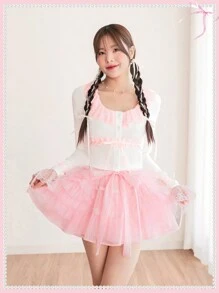 SHEINNeu 夏季白色上衣芭蕾蝴蝶结甜美可爱粉色蕾丝边丝带大圆领长袖 T 恤 - 白色 - 查看 1