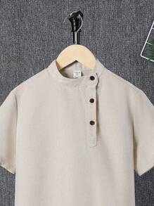 SHEIN Tween Boys' Loose Fit Cute Stand Collar Solid Weave Short Sleeve Shirt - Khaki - View 11