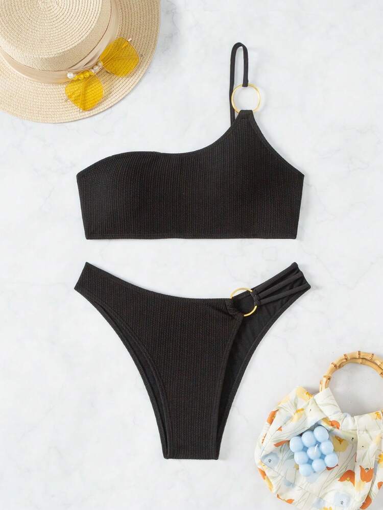 Ladies' Solid Color One Shoulder Bikini Set Bikini Set Bathing Suit For Summer Beach