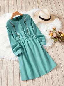 SHEIN VCAY Women's Plant Embroidery Round Neck Dress - Green - View 1