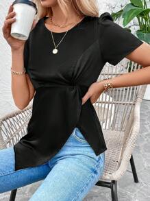 SHEIN LUNE Chemisier À Encolure Ronde À Manches Courtes Bouffantes Pour Femmes - Noir - Voir 5