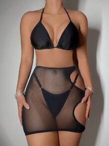 SHEIN Swim Halter Sexy Bikini Set Summer - Black - View 7