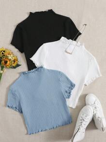 SHEIN EZwear Women T-Shirts Lettuce Trim Rib-Knit Plain Casual - Dusty Blue - View 7