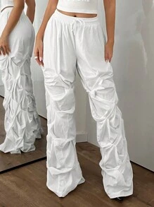 SHEIN ICON Solid Drawstring Waist Pleated Pockets White Cargo Pants - White - View 3
