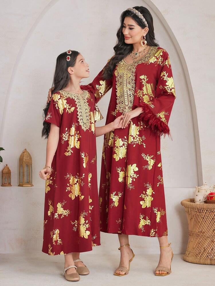 Women's Arabic Style Jalabiya Dress Featuring Hairball Detail And Golden Print On Cuffs