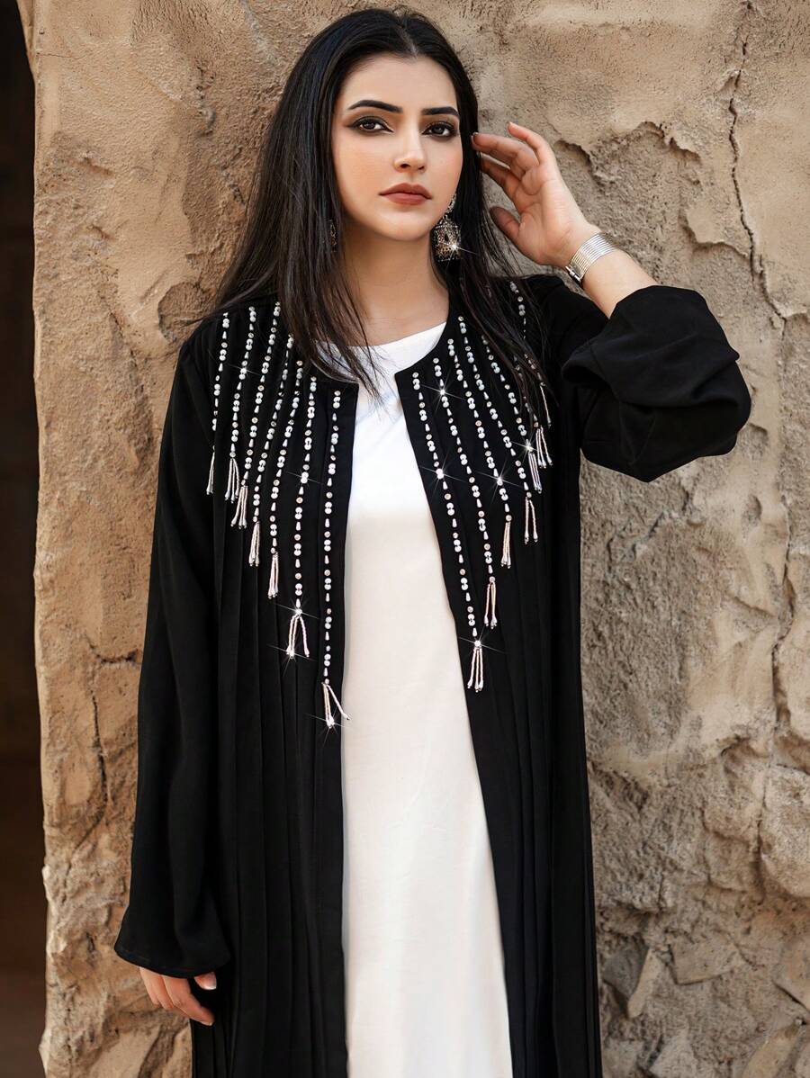 Al Najma Women's Heavy Beaded Elegant Long Maxi Length Robe Abaya, Muslim Fashion Abaya For Casual/Festival/Gathering/Travel - Dark Green - View 1