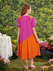 少女時髦彩色拼接鬆身休閒圓領針織裙