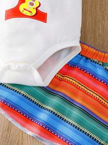 SHEIN Baby Girl 3pcs/Set Casual & Cute Number Printed Bodysuit, Striped Skirt And Hairband For Spring/Summer Outfits