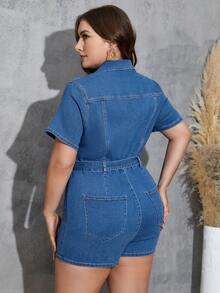 SHEIN LUNE 大尺碼前拉鍊緊身牛仔連身褲 - 中等水洗藍 - 查看 2