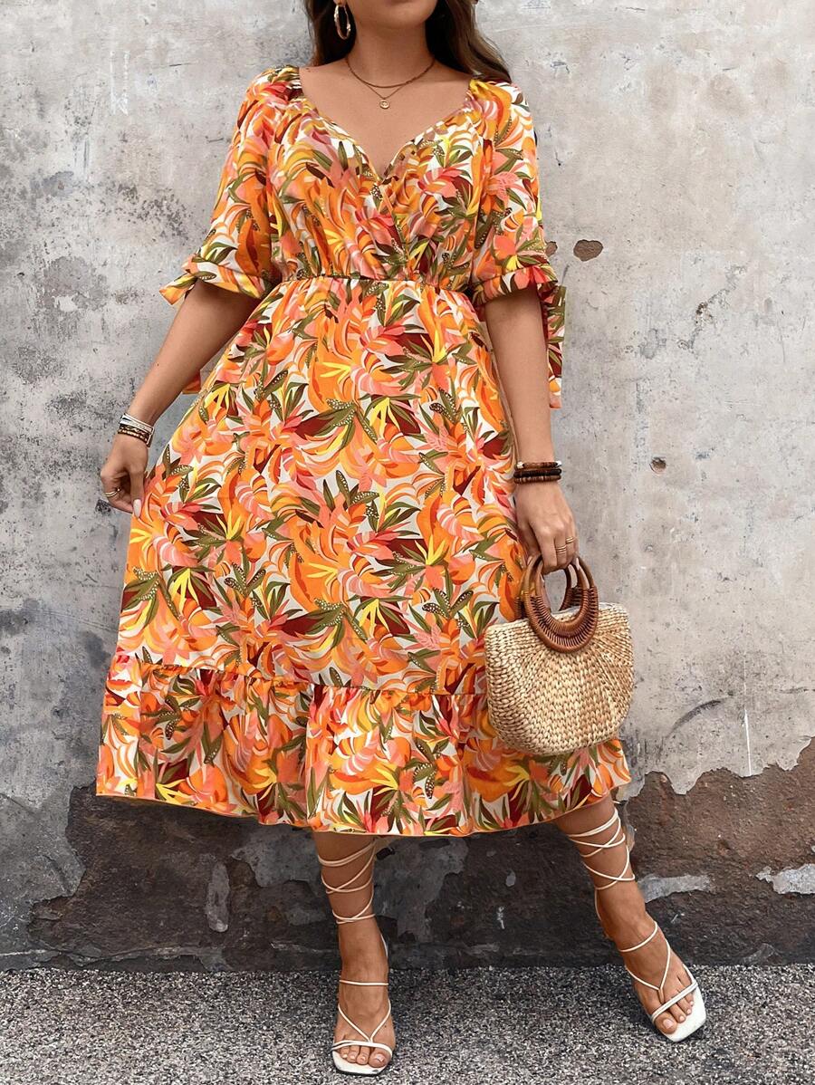 SHEIN Clasi 大码女式植物印花束腰连衣裙 - 彩色 - 查看 1