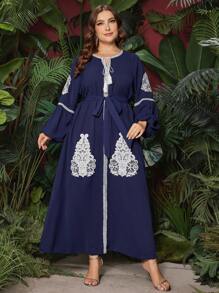 Al Najma Vestido Feminino Plus Size Bordado Com Borla E Estilo Árabe Com Faixa - Azul marinho - Ver 2