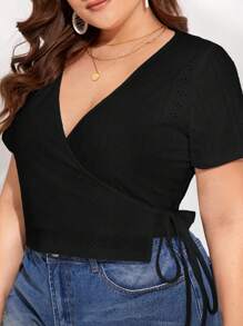 SHEIN VCAY Plus Size Solid Color Wrapped Tie T-Shirt - Black - View 2