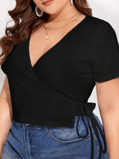 SHEIN VCAY 大尺碼純色交疊系帶t恤