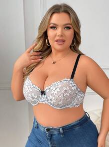 Plus Size Lace Bra With Underwire And Scalloped Edges, 1pc Lingerie - Black and White - View 3