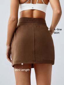 GLOWMODE Everyday Fleece Adjustable Drawstring Pocket Mini A-Line Skirt Daily - Brown - View 2