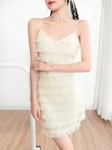 SHEINNeu Summer Dress Balletcore Bow Ruffle Lace Trim Light Yellow Ruffle Cami Dress Birthday Women Outfits - Yellow - View 5